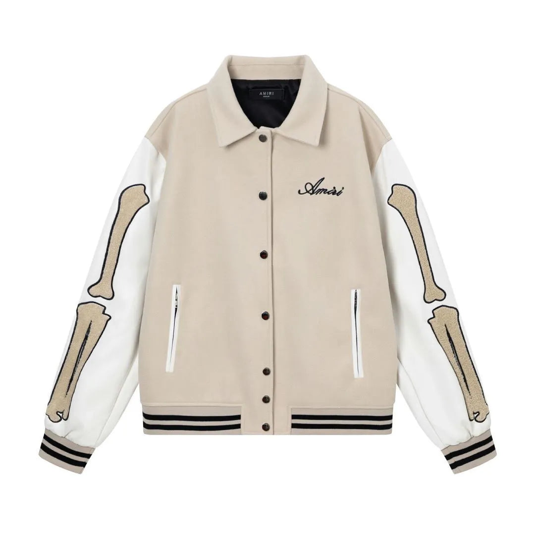 Women's cotton woolen jacket with embroidered stickers bone design in apricot colour