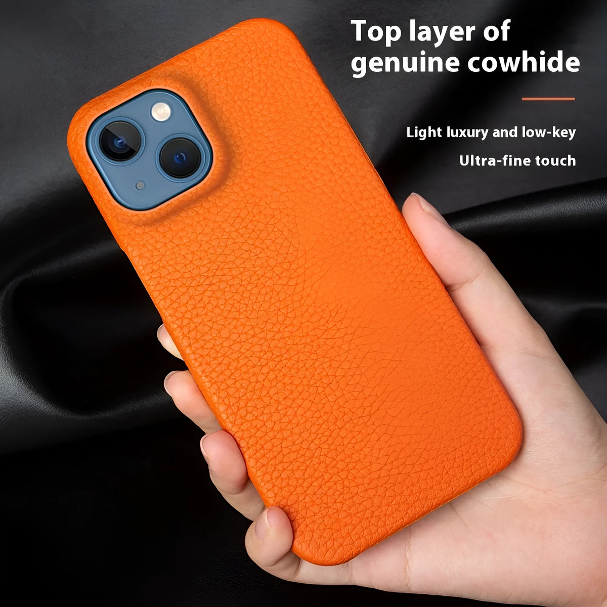 Handmade genuine leather half pack phone case for iPhone 16 series in orange, showing back and side coverage.