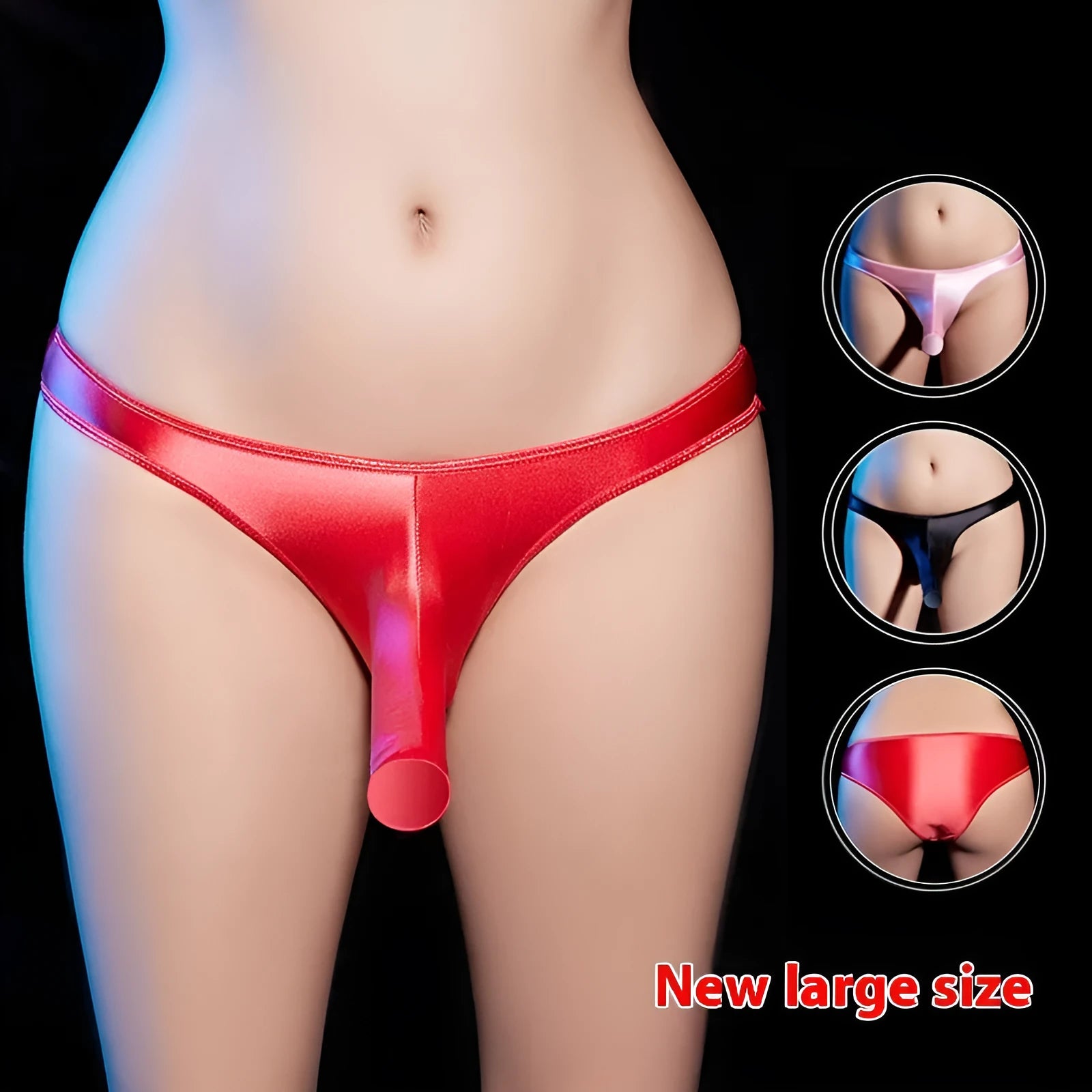 Men's low-rise T-back underwear in shiny black nylon, showing the 7cm drop waist and streamlined rear design.