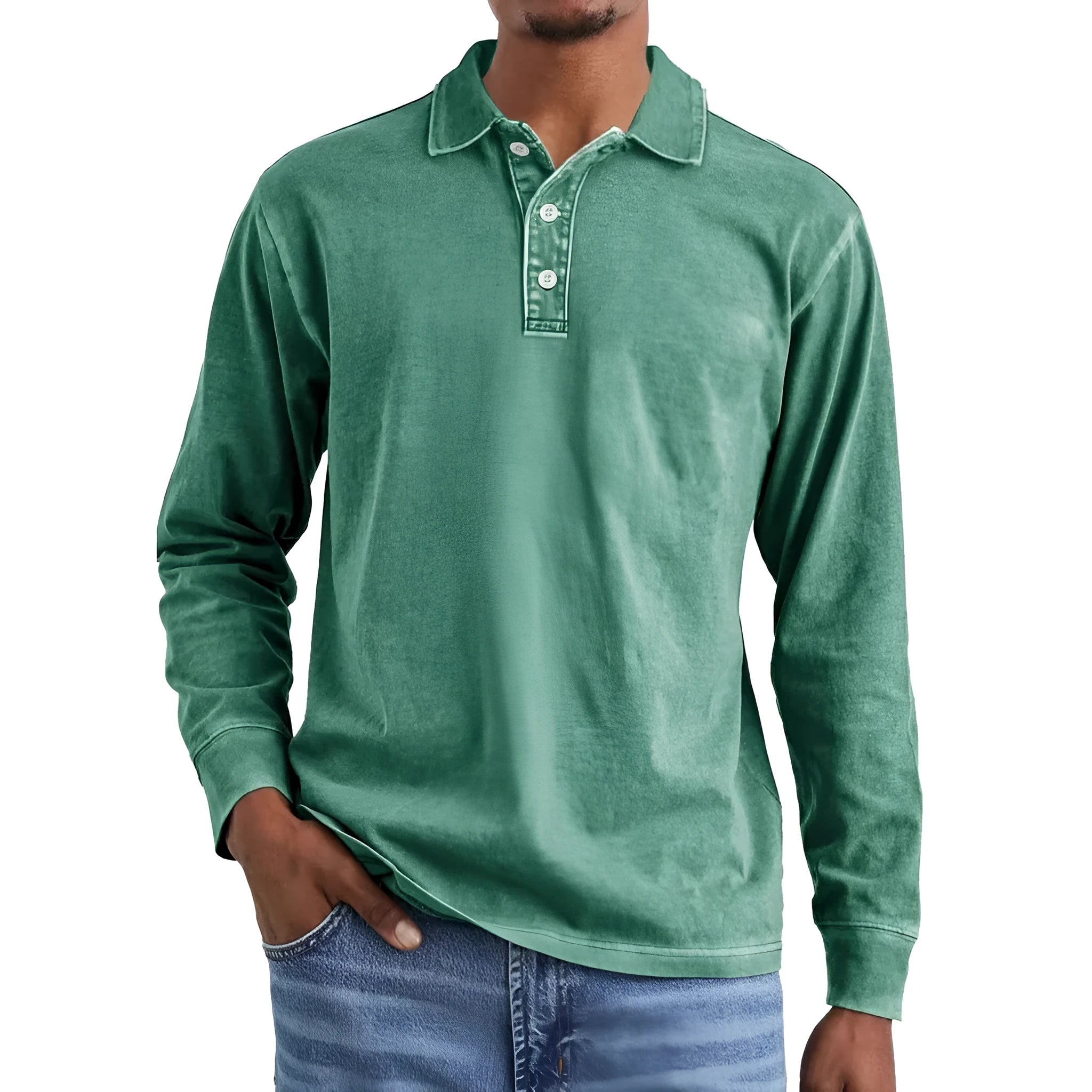 Men's retro washed distressed pure cotton lapel long sleeve polo shirt on a hanger