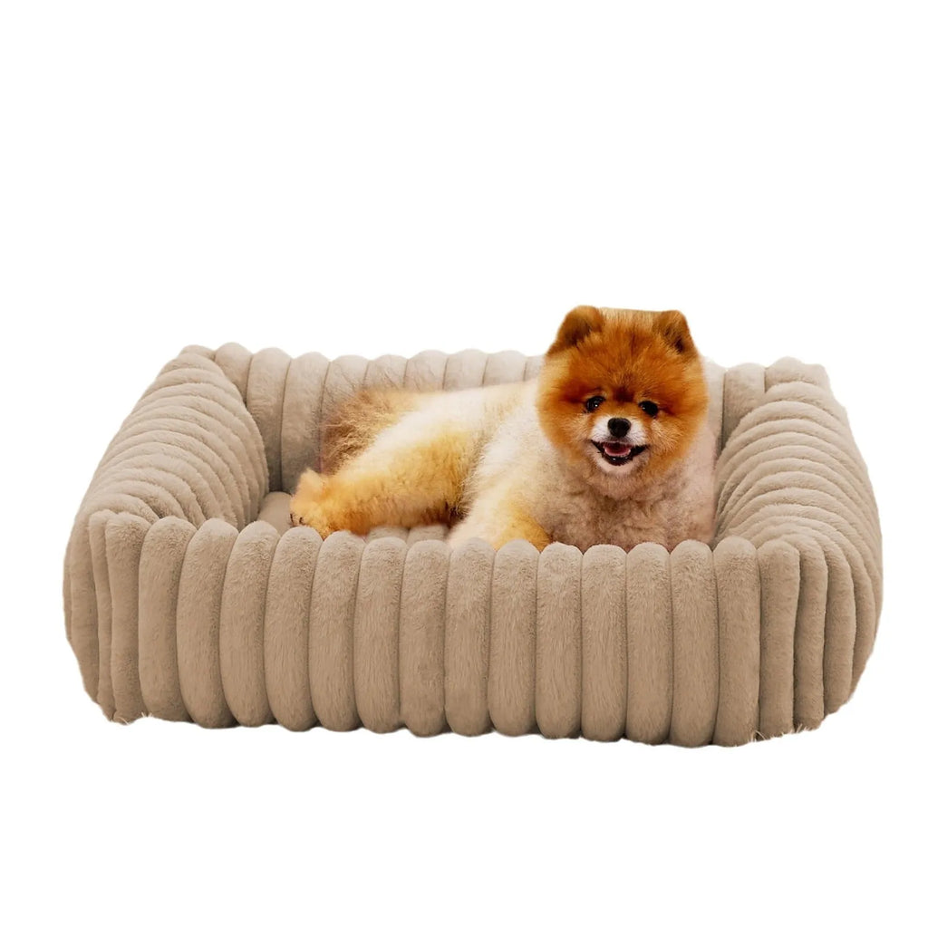 Winter warm dog bed with raised edges and removable cushion cover in beige colour
