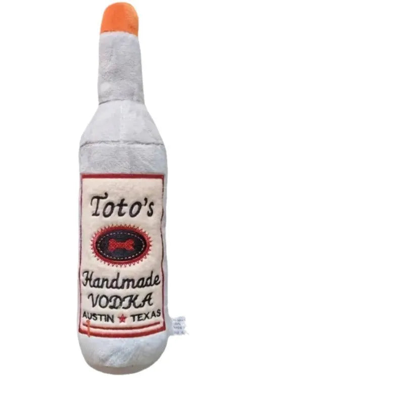 Brown plush wine bottle shaped dog toy with molar detailing for chewing
