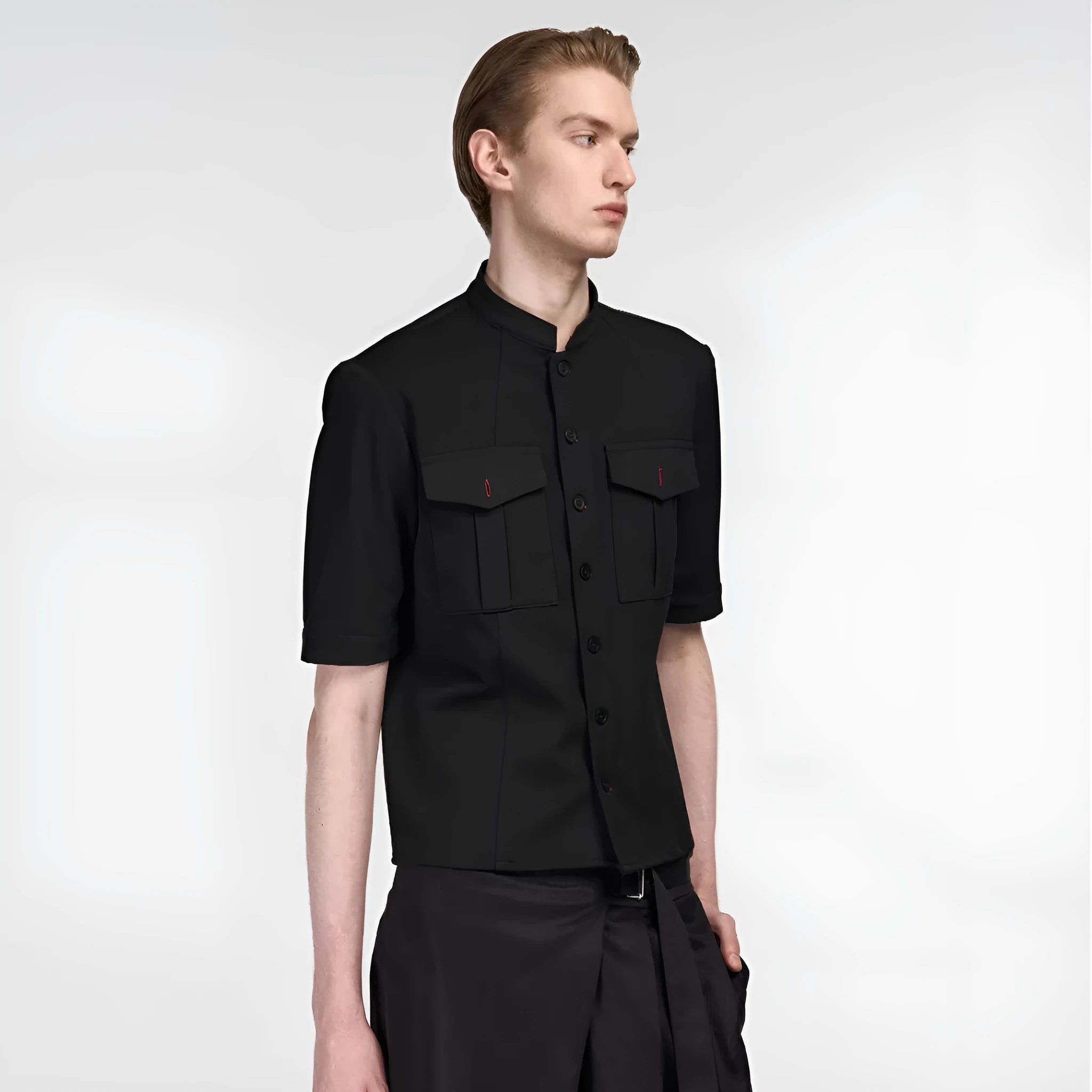 Black loose-fit half-sleeve hunting shirt with a shirt collar and handmade red eye design detail.