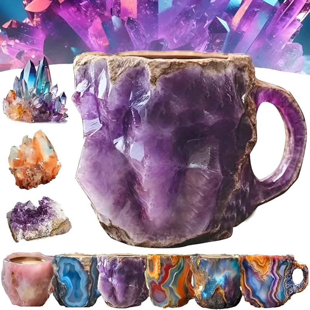 Purple resin coffee mug with handle showing crystal-like texture, 10cm tall.