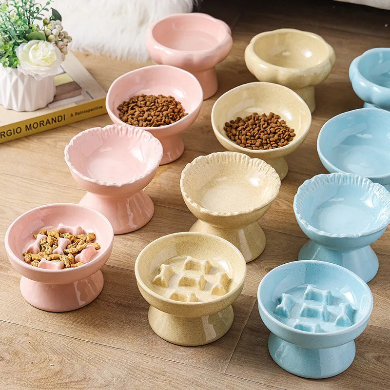 Anti-tumble large diameter ceramic pet bowl for cats in beige, side view