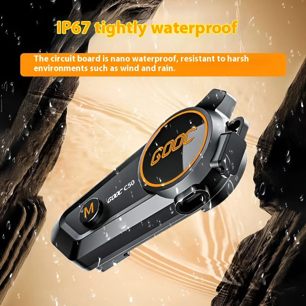 C50 wireless intercom earphone with ABS silicone construction, 1100mA battery, and TYPE-C charging for full and half helmets