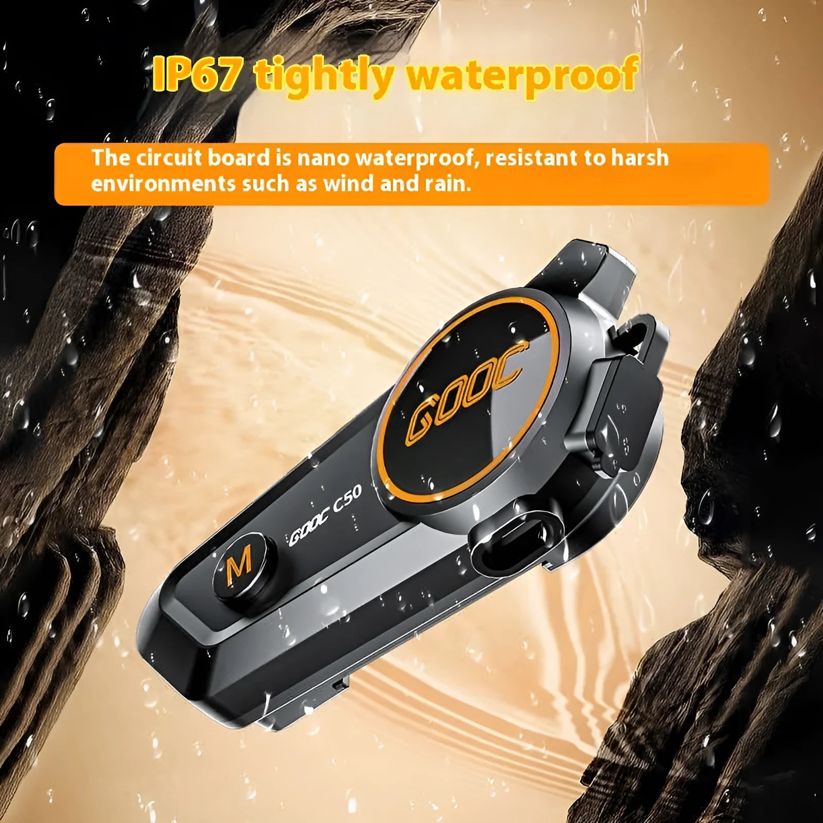 C50 wireless intercom earphone with ABS silicone construction, 1100mA battery, and TYPE-C charging for full and half helmets