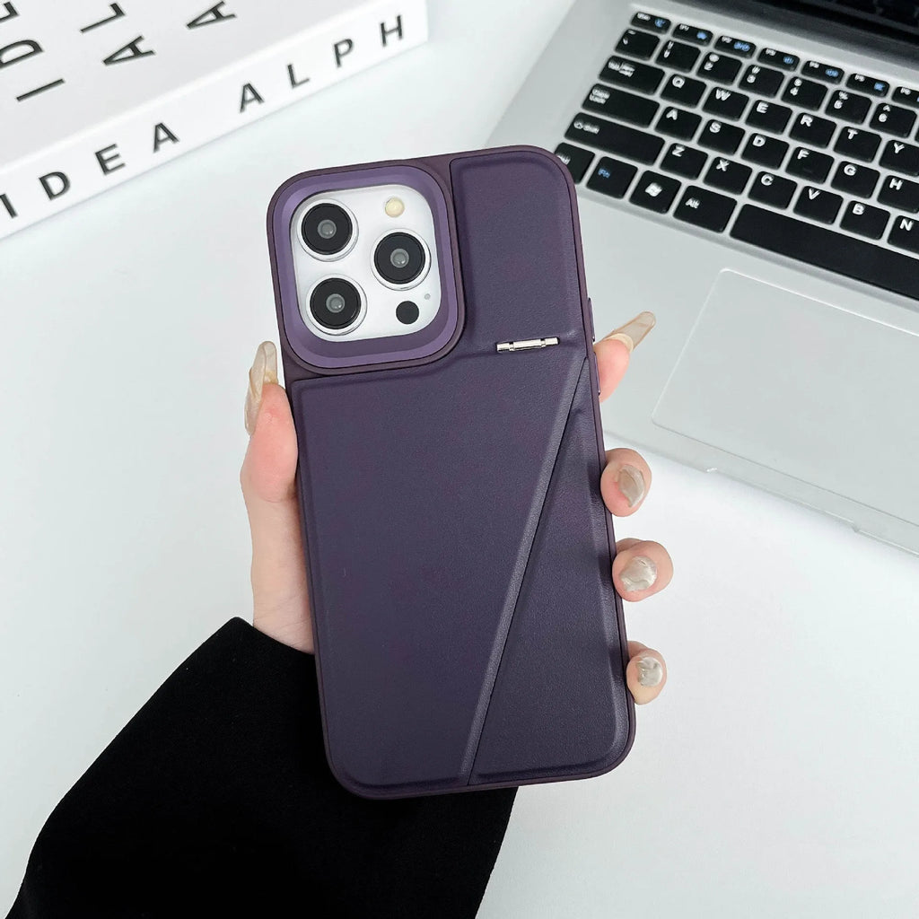 Leather hidden bracket phone case in black for Apple iPhone, featuring magnetic suction and shockproof design.