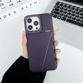 Leather hidden bracket phone case in black for Apple iPhone, featuring magnetic suction and shockproof design.
