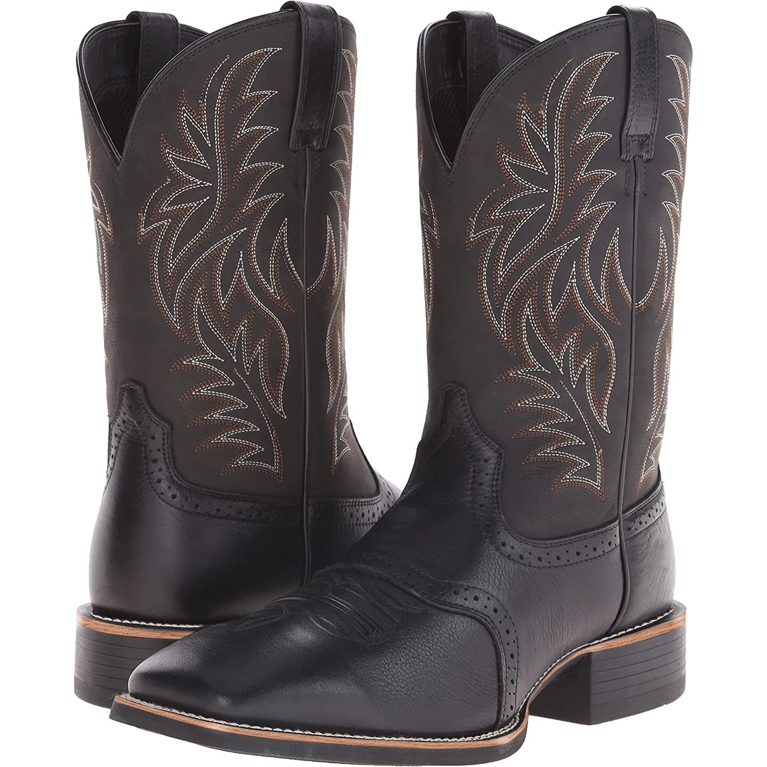 Black men's cowboy boots with detailed embroidery and stitching, square toe, and a low horseshoe heel.