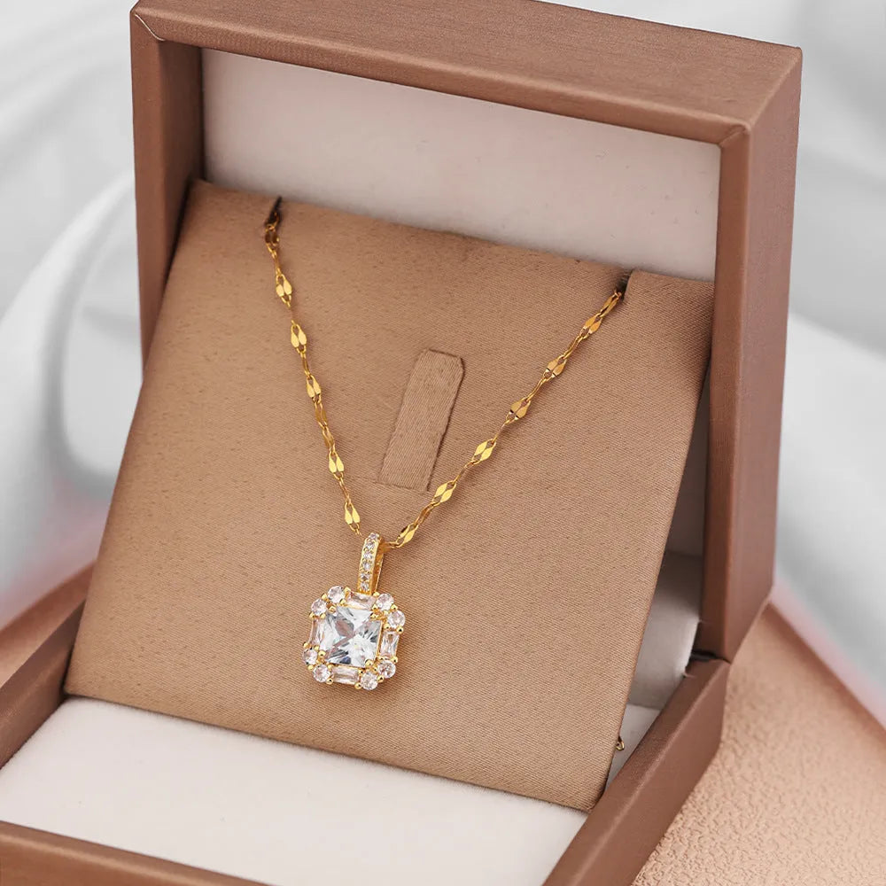 Women's gold titanium steel clavicle chain with geometric quadrilateral zircon pendant on water wave chain