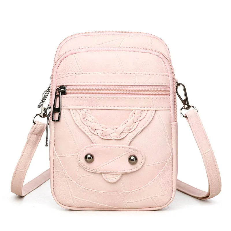 Soft PU leather retro mobile phone bag with square vertical design and weaving rivet details