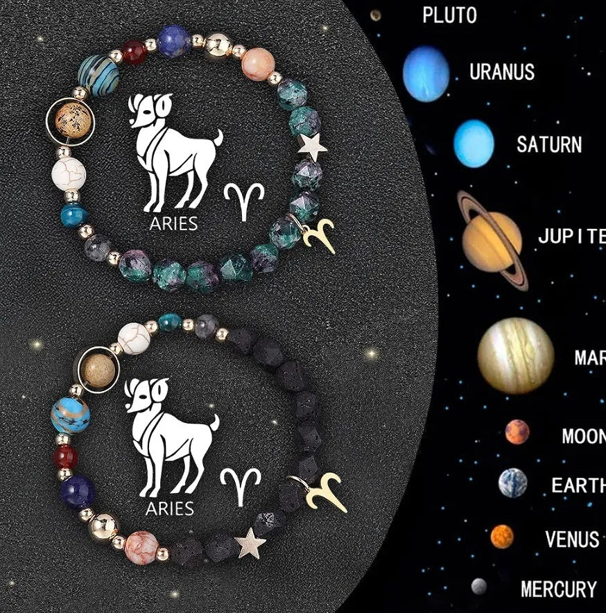 Twelve Zodiac beaded bracelets with natural stone beads and metal astrological charms on elastic cord.