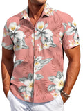 Man wearing a slim fit Hawaiian pattern short sleeve shirt in a cardigan style.