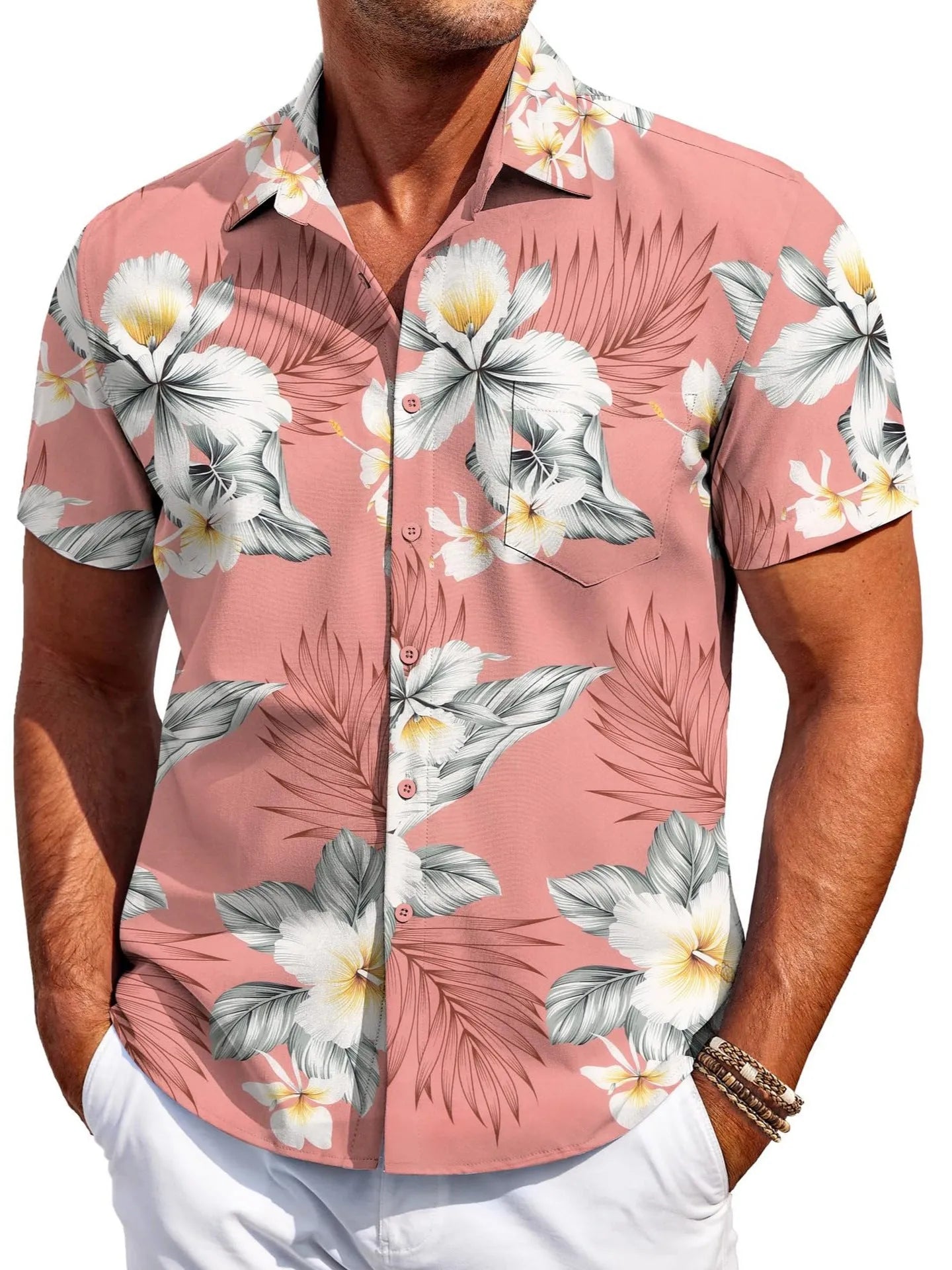 Man wearing a slim fit Hawaiian pattern short sleeve shirt in a cardigan style.