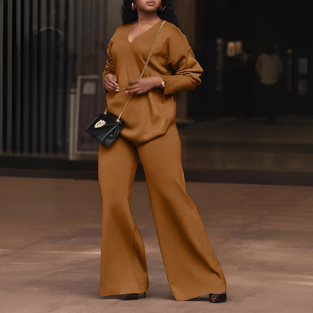 Women's brown thick suede velvet two-piece suit with split long sleeves and matching trousers.