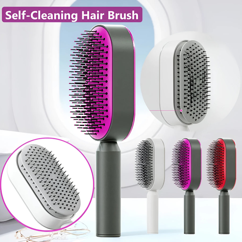 Self cleaning hair brush with one-key cleaning button and air cushion massage design in various colour options