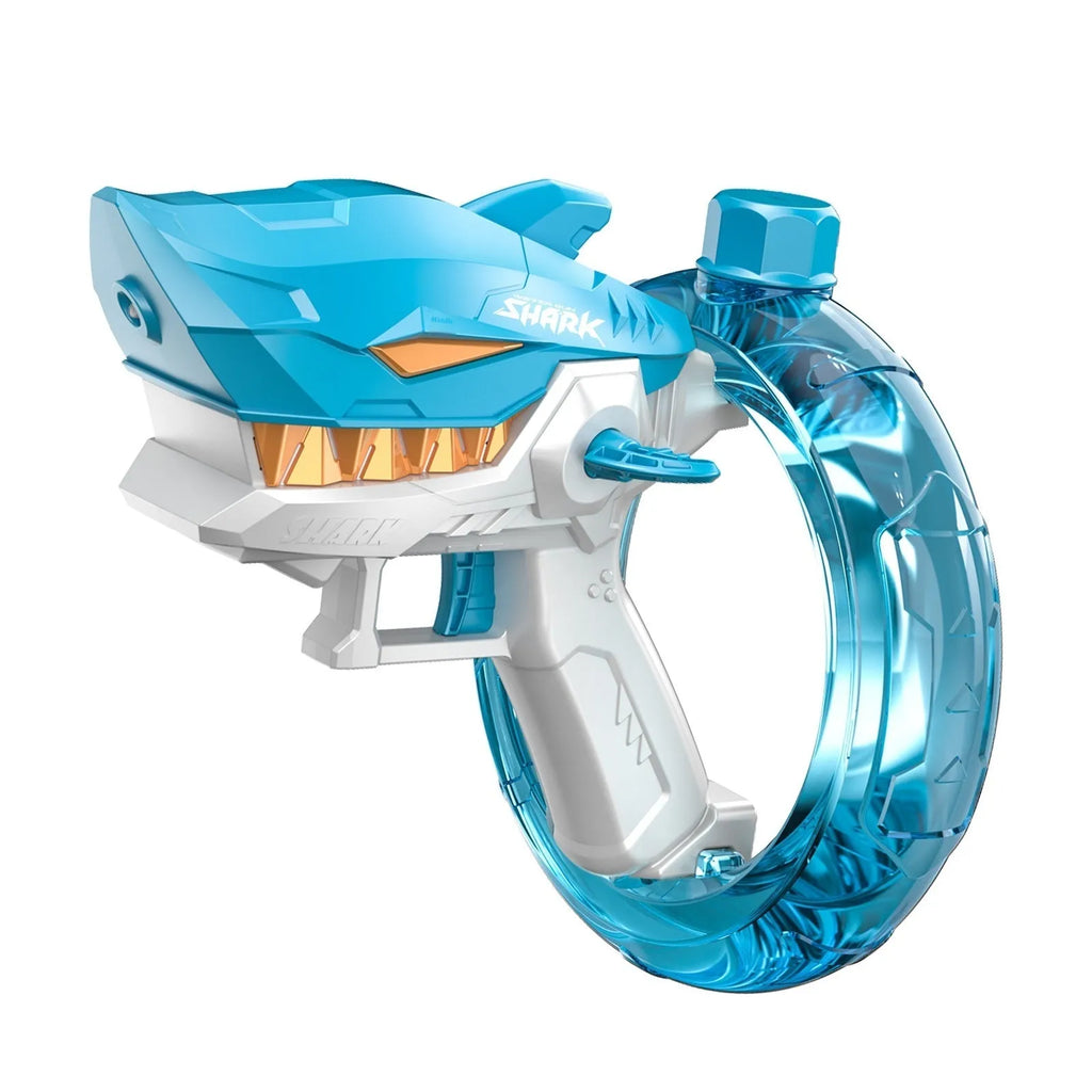 Blue Shark-shaped electric water gun toy with large tank on a sandy beach
