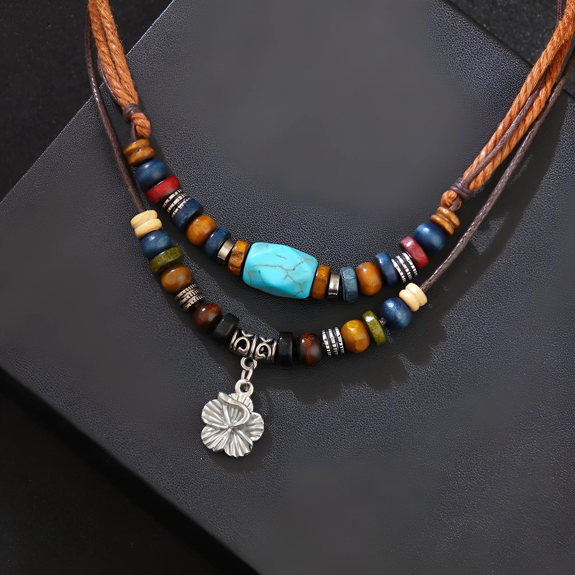 Men's wooden bead necklace with turquoise wax rope and geometric alloy pendant featuring flower details