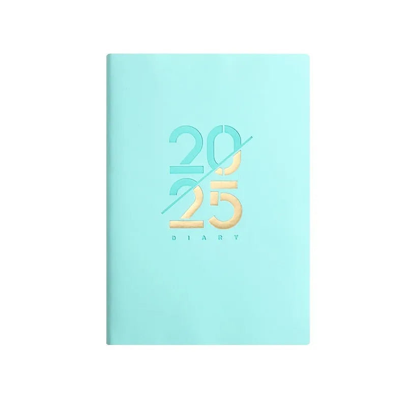 2025 A5 daily schedule book with soft faux leather cover, open to show weekly planner layout.