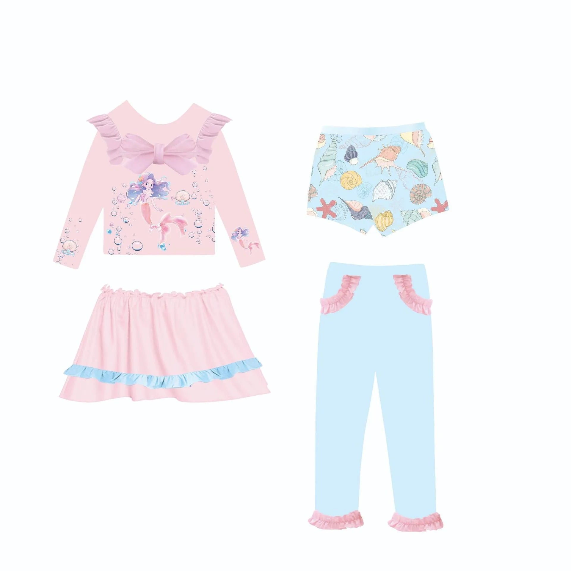 Girl's gilded colour mermaid swimsuit set with top, skirt, trousers and shorts
