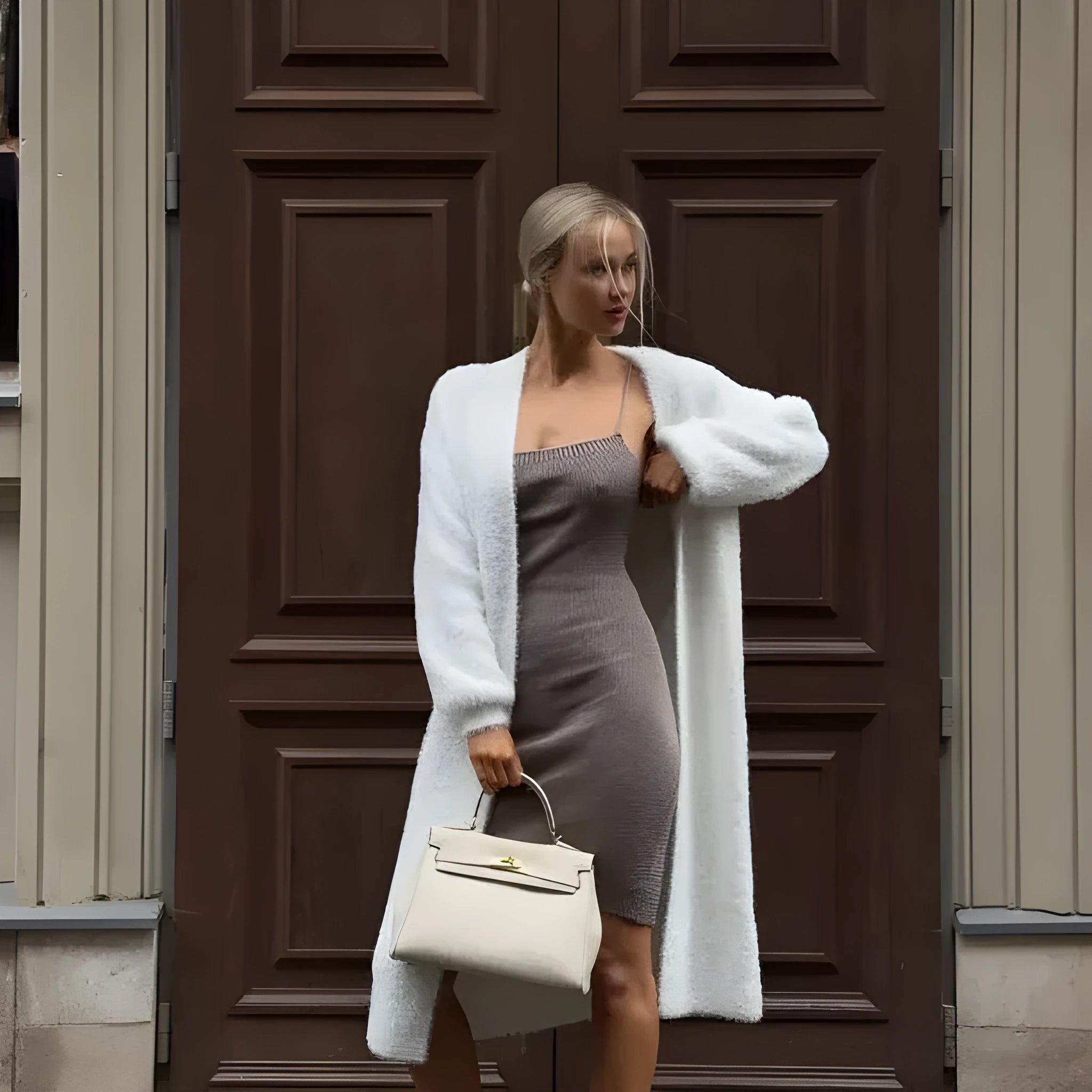 White oversized women's knit cardigan jacket with long line and regular sleeves.