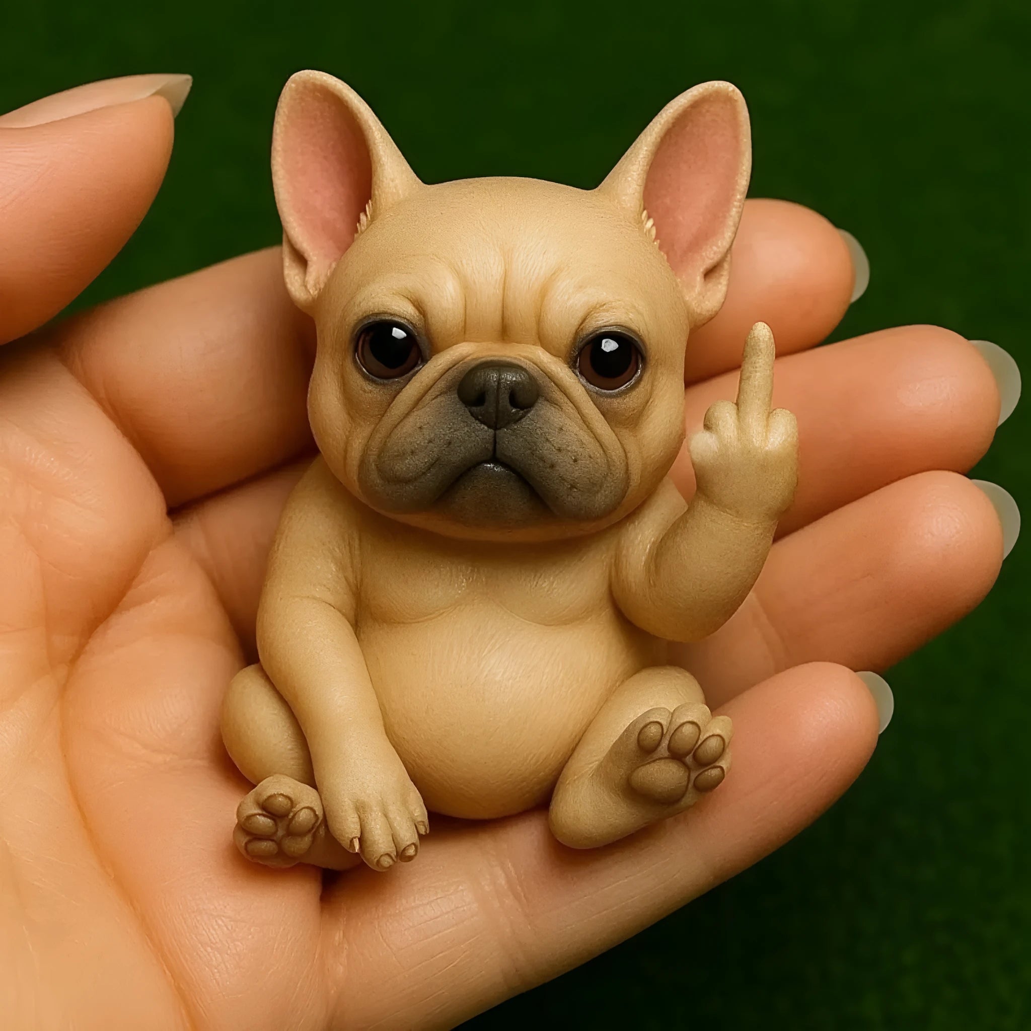 Mini resin animal figurine with a raised middle finger, shown in dog style.