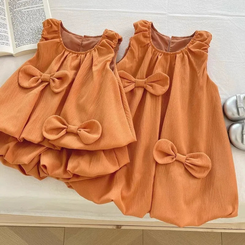 Girls' blue green bowknot sleeveless vest and shorts two-piece suit, summer outfit, size 100cm