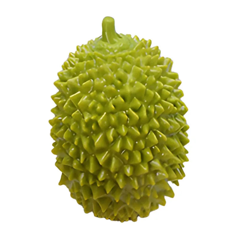 Colourful durian-shaped dog chew toy with textured surface and a squeaky ball