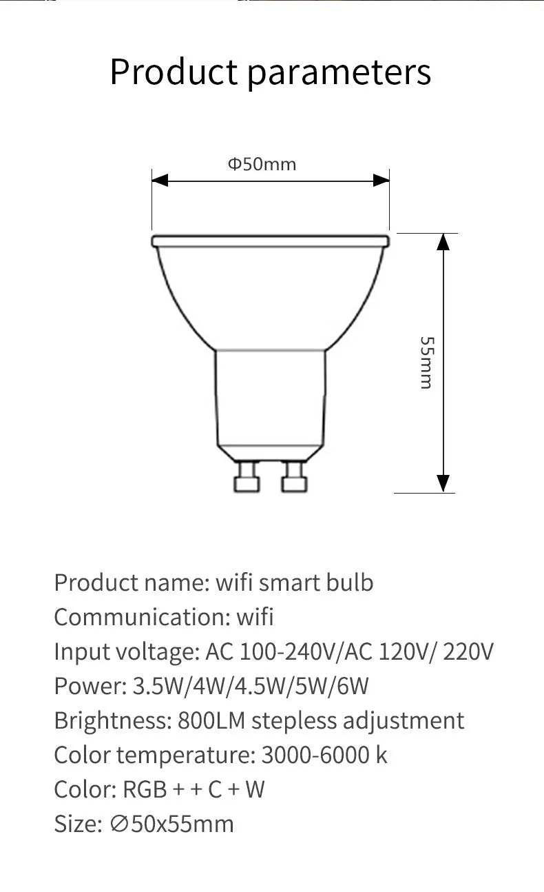 Compact GU10 smart LED spotlight with WiFi connectivity for RGBCCT colour mixing and voice control