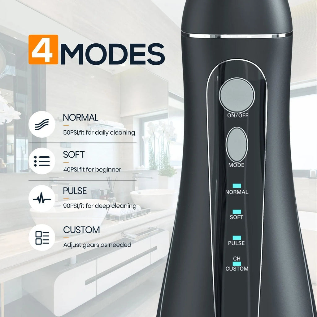 Black portable oral irrigator water flosser with water tank and nozzle for dental cleaning