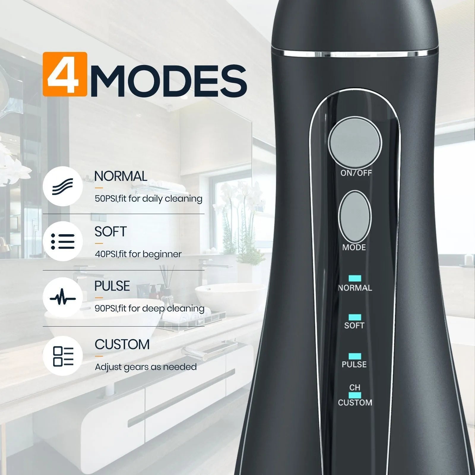 Black portable oral irrigator water flosser with water tank and nozzle for dental cleaning