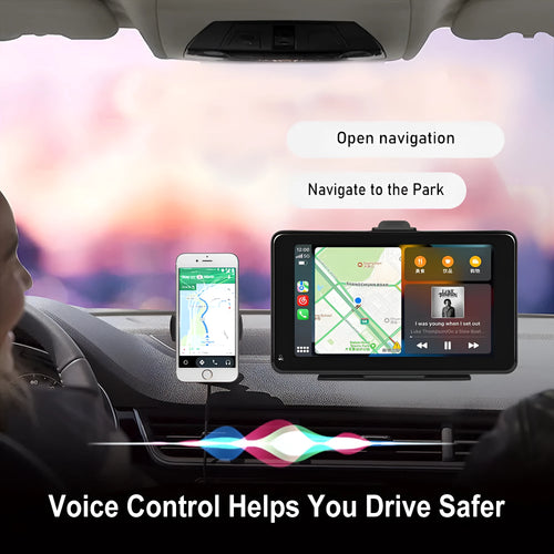 7-inch HD wired wireless media player with universal mounting supports on a dashboard