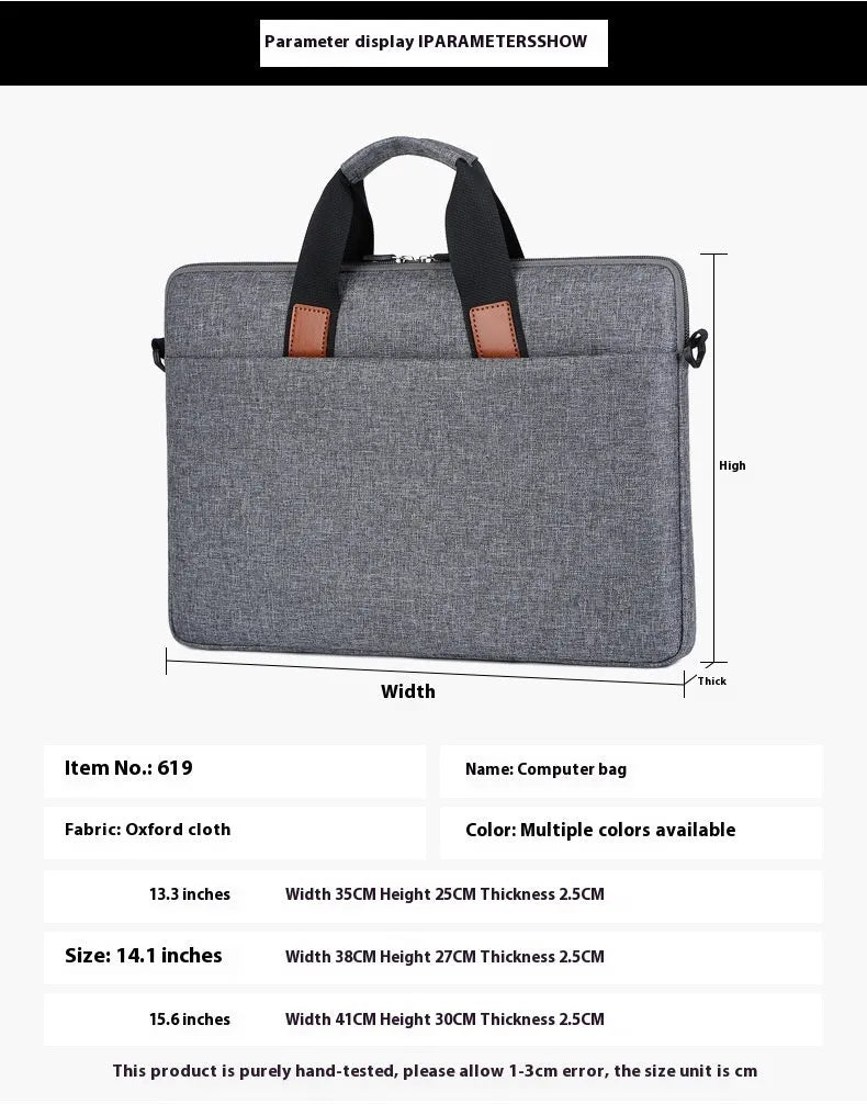 One-shoulder laptop bag in Oxford cloth, available in black, grey, pink, purple, and blue for 12 to 15.6 inch laptops.