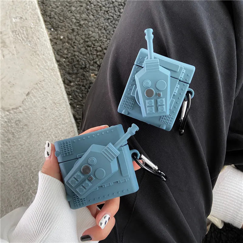 Silicone earphone box clamshell case with tank design and hook, compatible with AirPods models