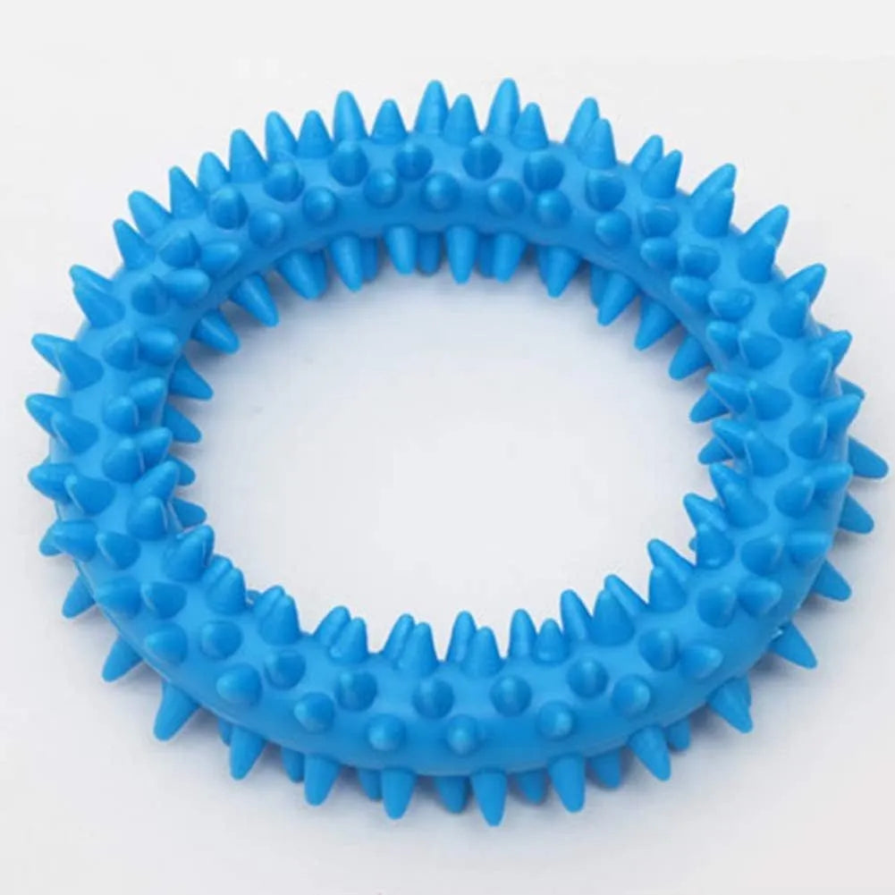 Blue TPR spiky circle ring dog chew toy for dental cleaning and bite-training.