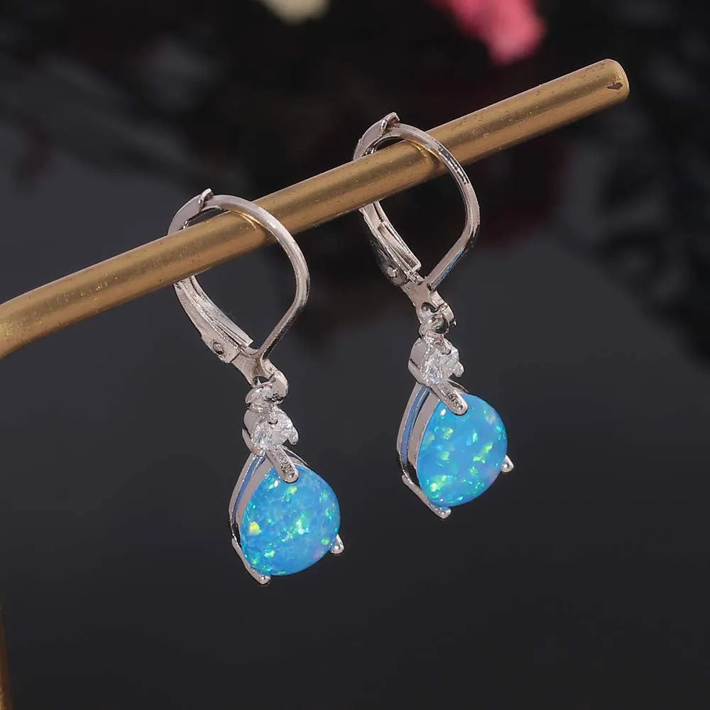 Copper zircon leaf shape earrings with water drop opal colour electroplated finish geometric U-shaped design