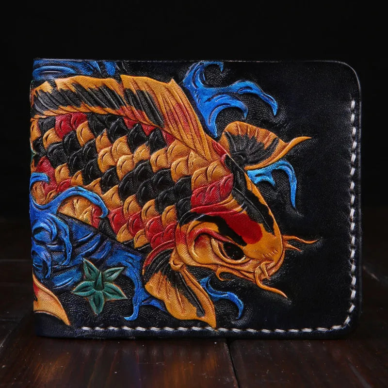 Men's blue carved cow leather bifold wallet showing textured surface and open design