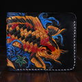 Men's blue carved cow leather bifold wallet showing textured surface and open design