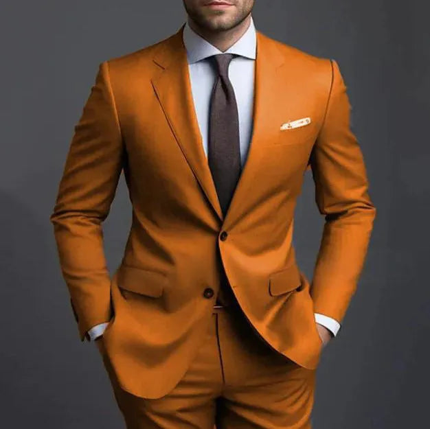 Business casual men's slim fit two-piece suit set in blue with jacket and trousers on mannequin