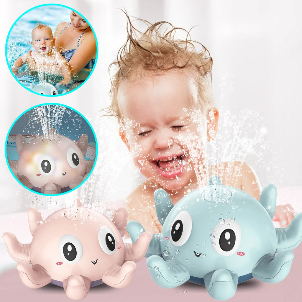 Blue octopus-shaped children's bath toy that automatically sprays water and flashes lights.