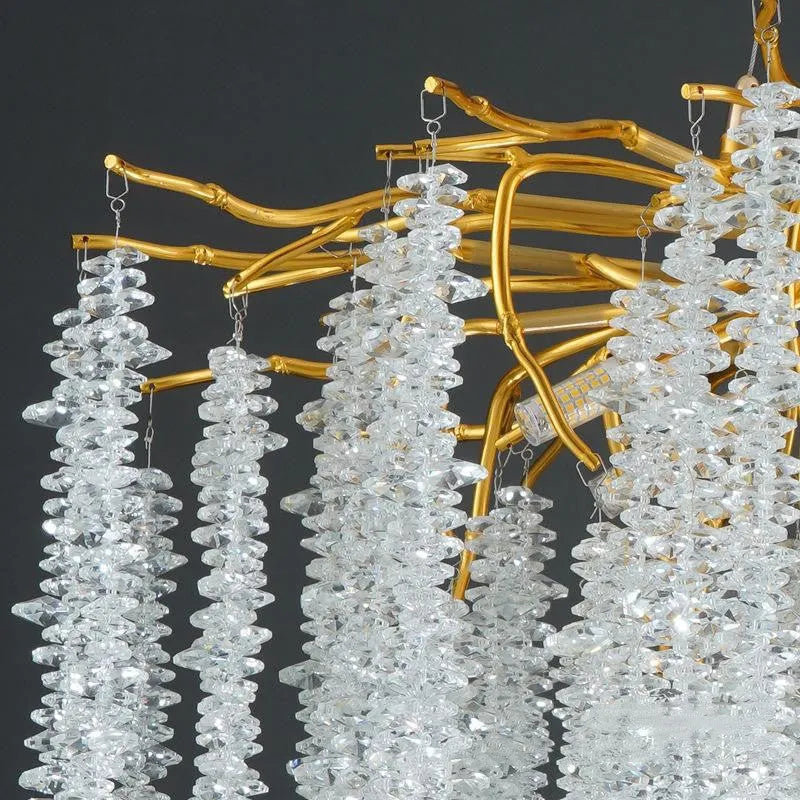 Aluminium alloy crystal chandelier light with adjustable drop, shown in round and long style options.