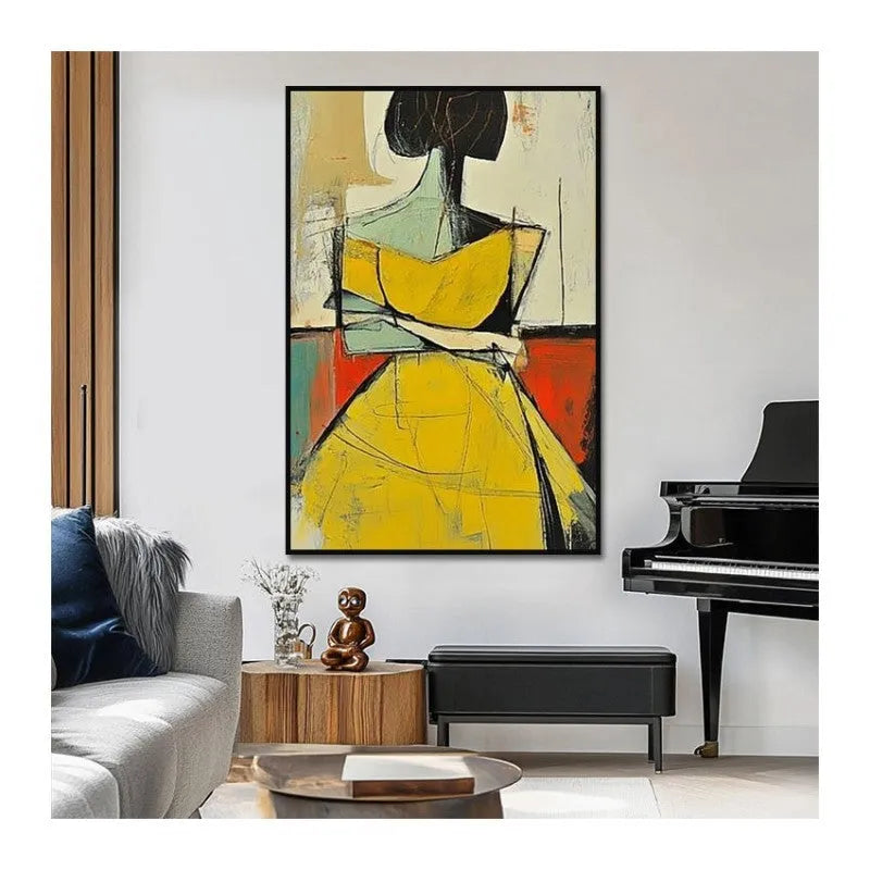 Hand-painted abstract people oil painting in brown and yellow tones on canvas, vintage wabi sabi style