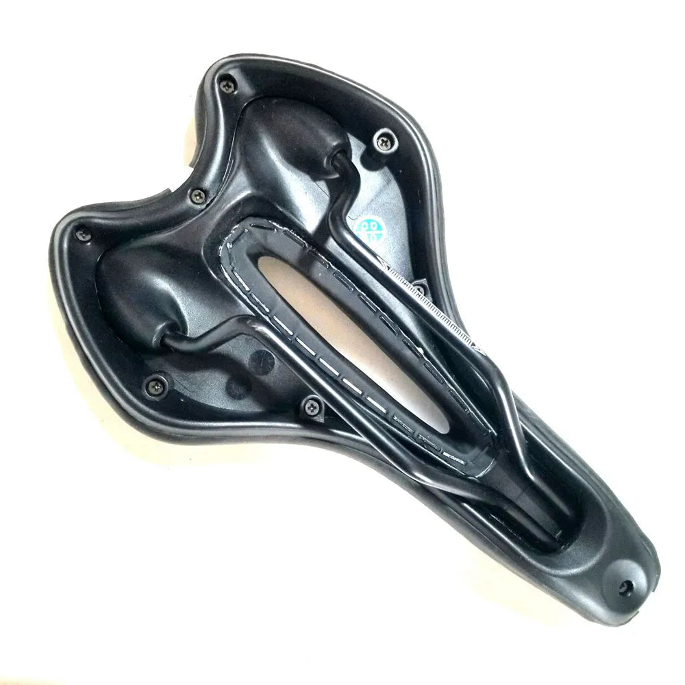 Thickened grey bicycle saddle with steel spring suspension system on a white background