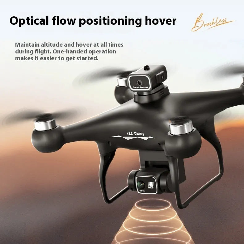 Black brushless motor UAV drone with four-side obstacle avoidance and camera, remote control beside it.