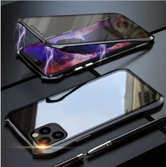 Black metal protective back cover for an iPhone 11 Pro Max mobile phone.
