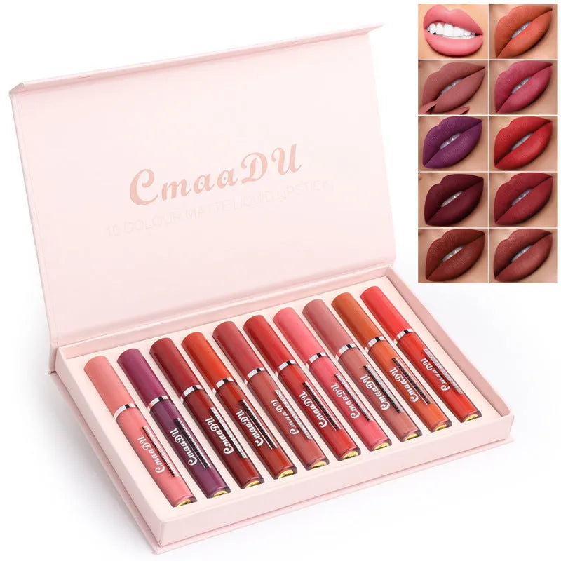 10-piece set of women's matte lipsticks in waterproof non-stick cup formula
