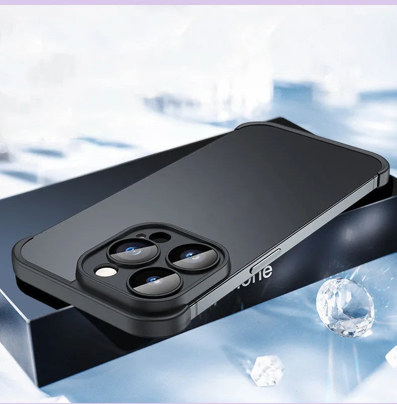 Dark purple corner-pad TPU mobile phone case for iPhone with integrated glass camera lens film.