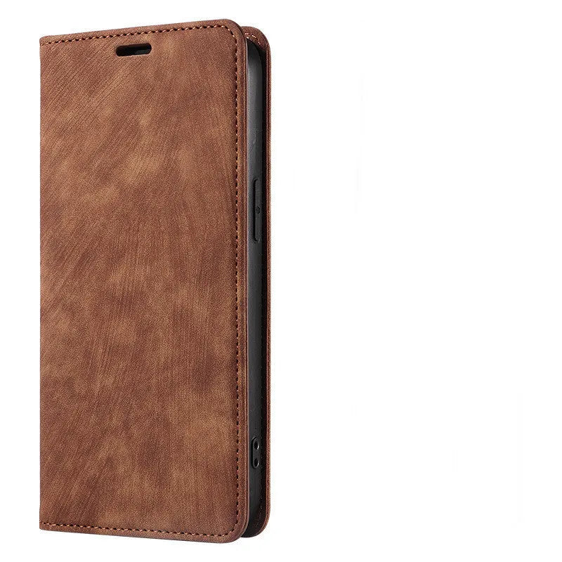 Magnetic flip wallet phone case for iPhone in grey, showing card slots and closed magnetic clasp.