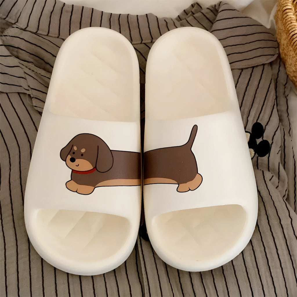 EVA couple flip flop slippers with thick sole in milky white, desert brown, and black brown colours with stitching dog pattern.